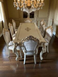 Set masă cu 8 scaune crem, dining modern și elegant