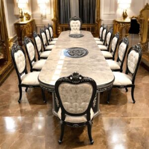 Masă baroc neagră cu 14 scaune, set dining elegant, dimensiuni 4×1 m