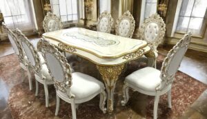Set masa dining baroc 8 scaune alb-auriu