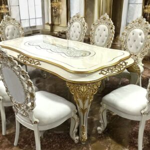 Set masa dining baroc 8 scaune alb-auriu
