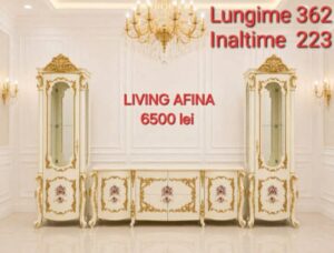 Mobilier living complet Afina stil clasic de lux alb cu auriu si vitrine