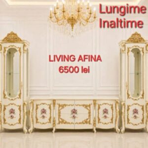 Mobilier living complet Afina stil clasic de lux alb cu auriu si vitrine