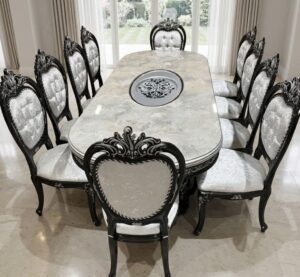 Set dining baroc cu blat aspect marmura si 10 scaune stil baroc
