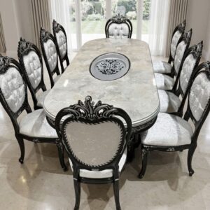 Set dining baroc cu blat aspect marmura si 10 scaune stil baroc